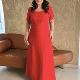 Vestido Longo Decote Quadrado Com Botões Vermelho