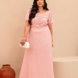 Vestido Longo Decote Quadrado Com Botões Rosa