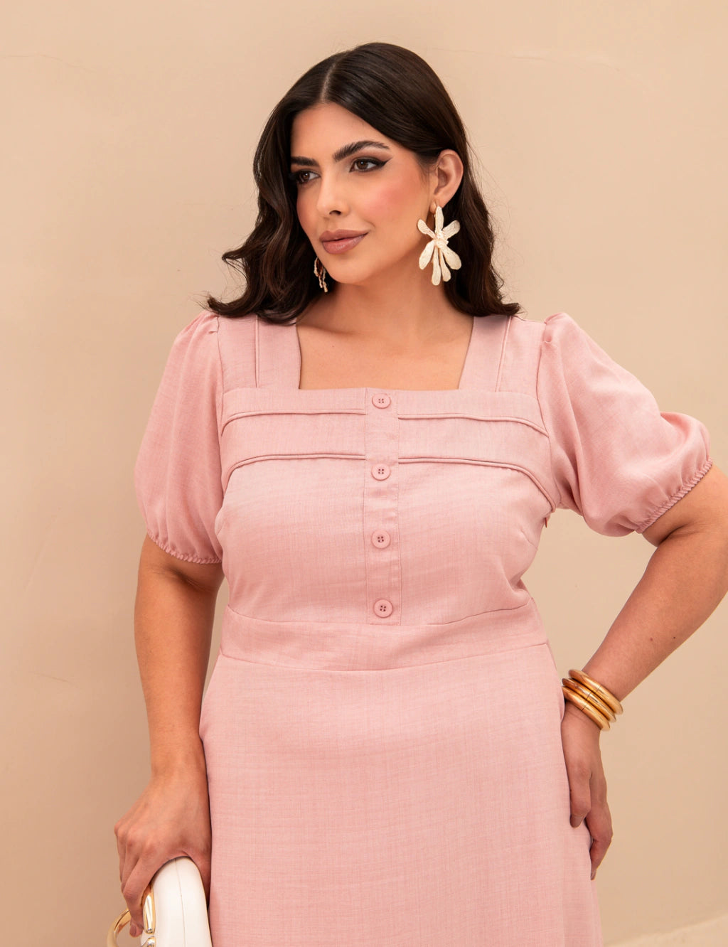 Vestido Longo Decote Quadrado Com Botões Rosa
