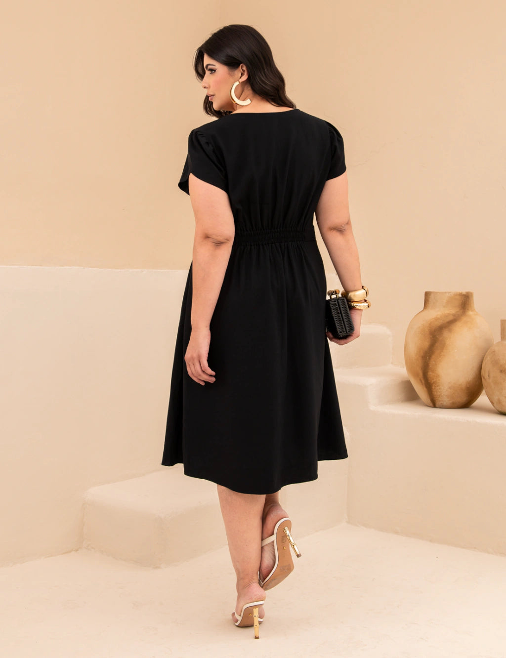 Vestido Midi Com Nervuras Preto