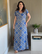Vestido Longo Frisse Estampado Azul