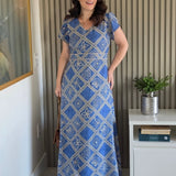 Vestido Longo Frisse Estampado Azul