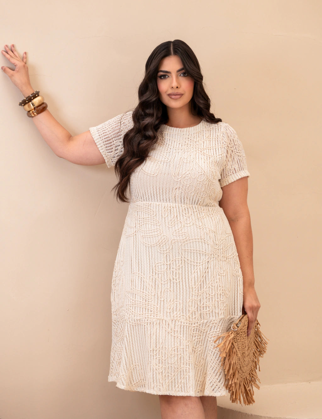 Vestido Curto Com Saia Flare Bege