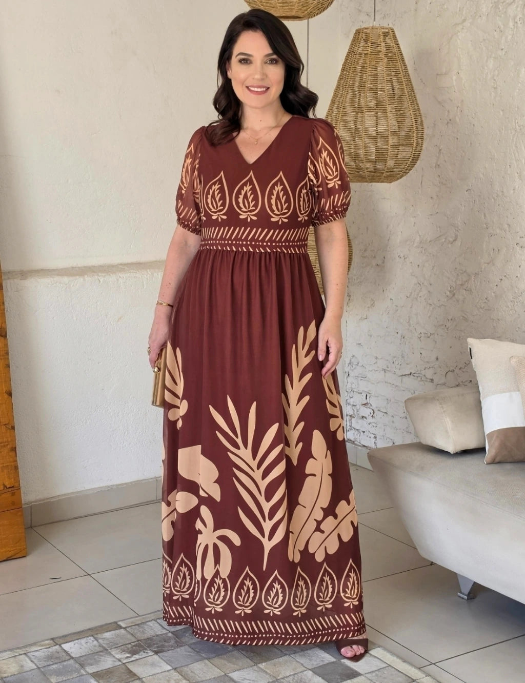 Vestido Longo Estampa Barrado Marrom