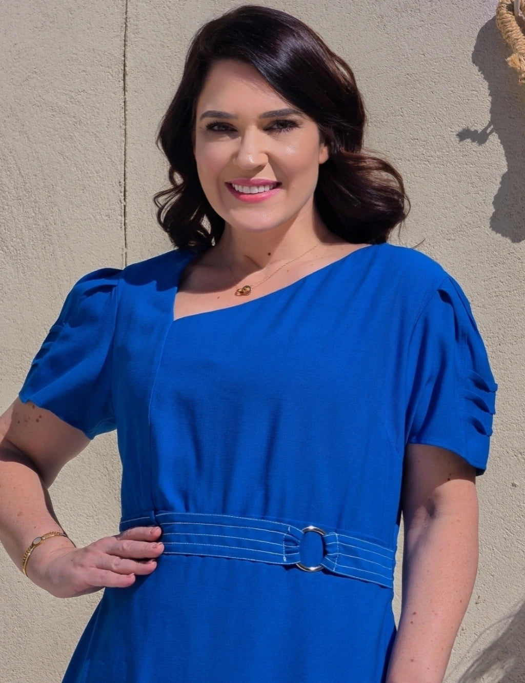 Vestido Midi Com Cinto Argola Azul