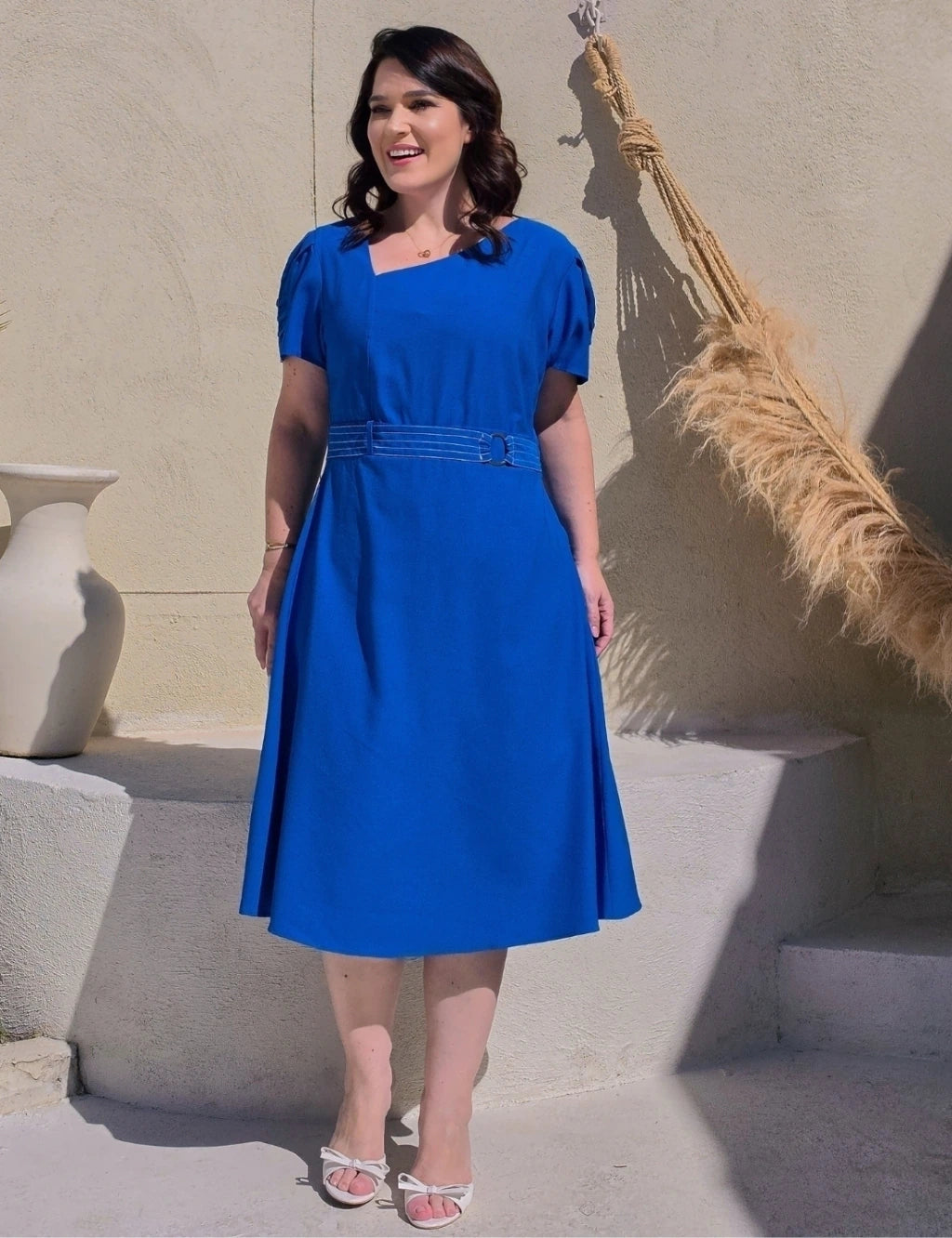Vestido Midi Com Cinto Argola Azul