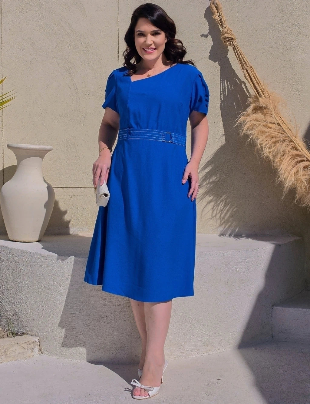 Vestido Midi Com Cinto Argola Azul