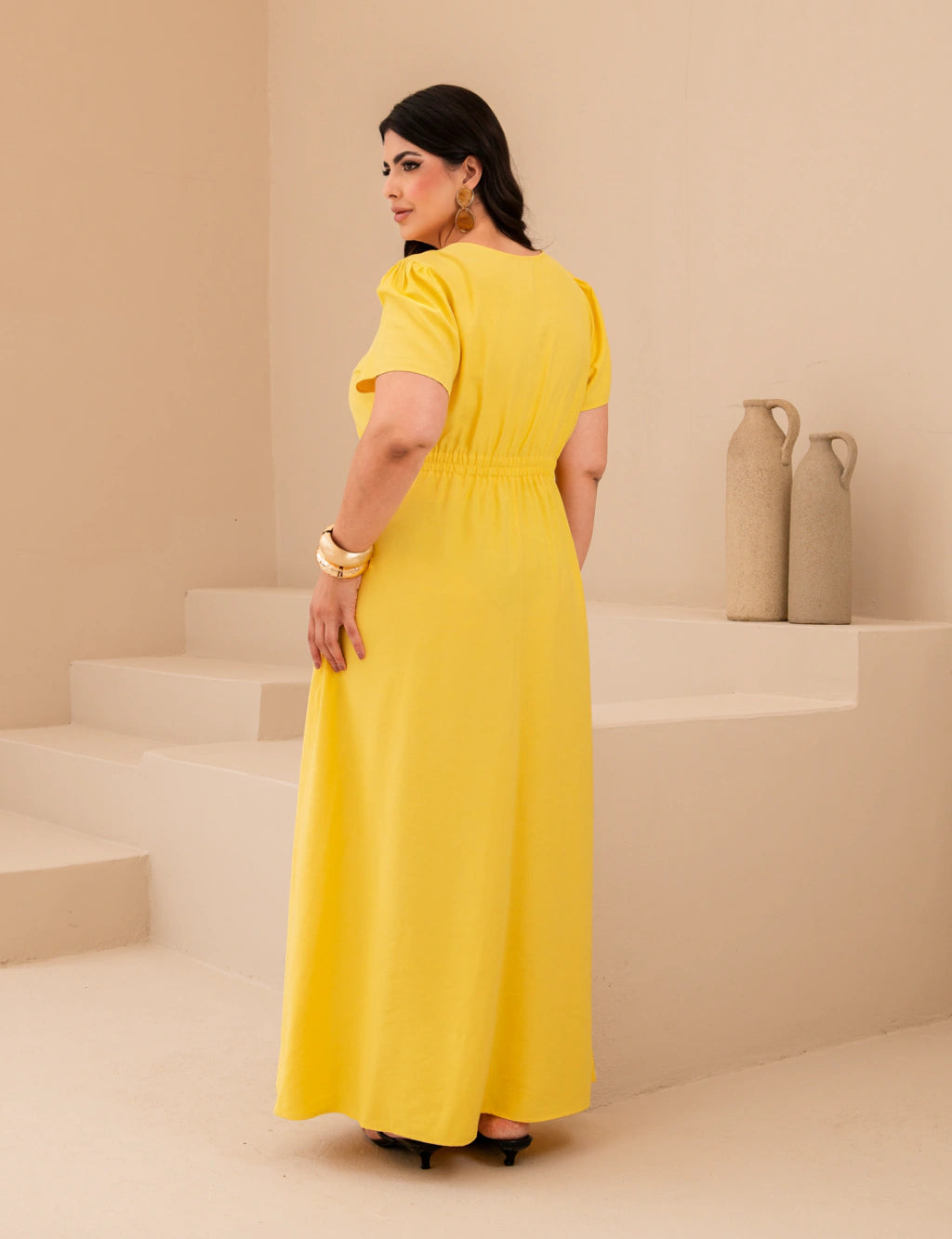 Vestido Longo Com Vivo Frente Amarelo