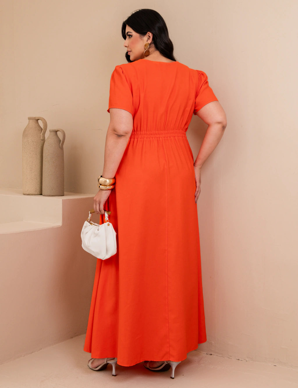 Vestido Longo Com Vivo Frente Laranja