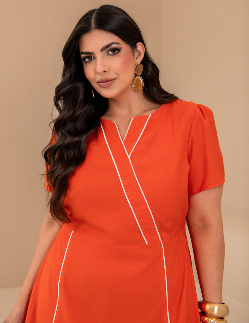 Vestido Longo Com Vivo Frente Laranja